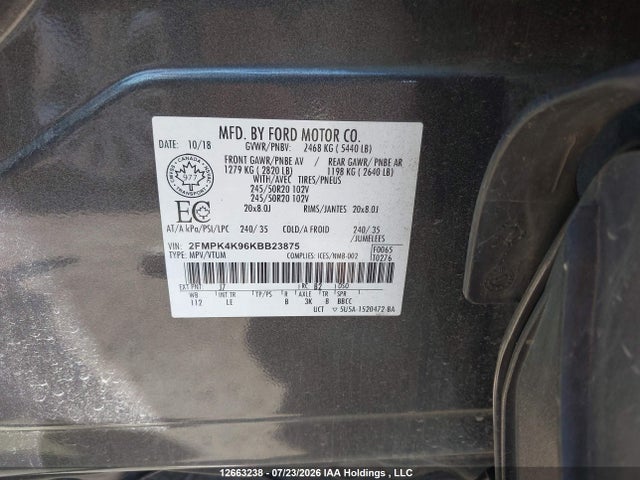 2019 Ford Edge Titanium მანქანა იყიდება აუქციონზე, vin: 2FMPK4K96KBB23875, აუქციონის ნომერი: 12663238