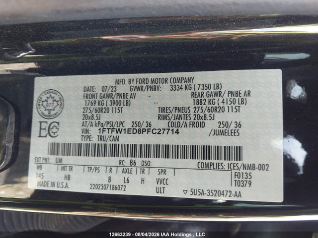 12663239 :رقم المزاد ، 1FTFW1ED8PFC27714 vin ، 2023 Ford F150 Supercrew مزاد بيع