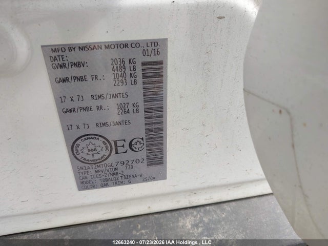 Продаж на аукціоні авто 2016 Nissan Rogue S/sl/sv, vin: 5N1AT2MT0GC792702, номер лоту: 12663240