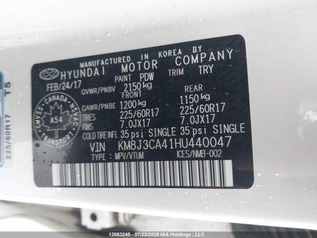 2017 Hyundai Tucson Limited/sport And Eco/se მანქანა იყიდება აუქციონზე, vin: KM8J3CA41HU440047, აუქციონის ნომერი: 12663245