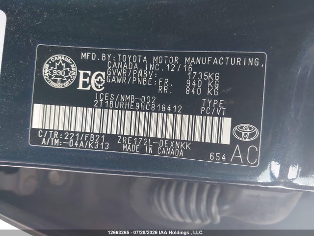 12663265 :رقم المزاد ، 2T1BURHE9HC818412 vin ، 2017 Toyota Corolla L/le/xle/se/xse مزاد بيع