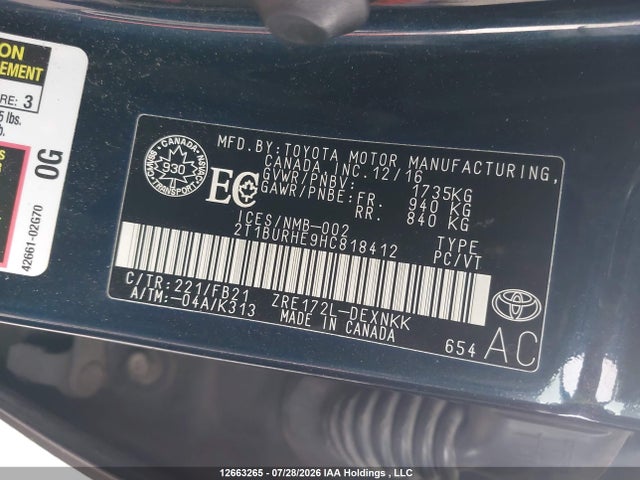 12663265 :رقم المزاد ، 2T1BURHE9HC818412 vin ، 2017 Toyota Corolla L/le/xle/se/xse مزاد بيع
