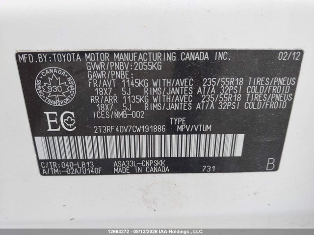 2012 Toyota Rav4 მანქანა იყიდება აუქციონზე, vin: 2T3RF4DV7CW191886, აუქციონის ნომერი: 12663272