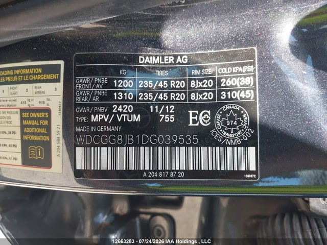 12663283 :رقم المزاد ، WDCGG8JB1DG039535 vin ، 2013 Mercedes-benz Glk 350 4matic مزاد بيع