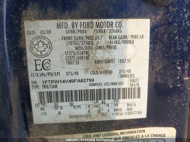 12663291 :رقم المزاد ، 1FTPW14V49FA82799 vin ، 2009 Ford F150 Supercrew مزاد بيع