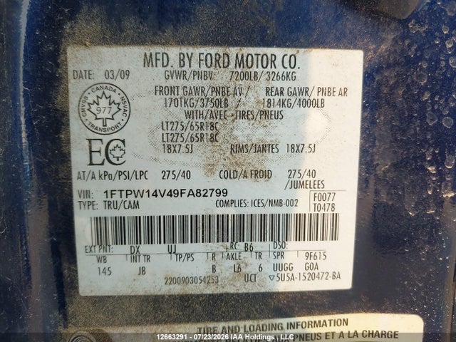 12663291 :رقم المزاد ، 1FTPW14V49FA82799 vin ، 2009 Ford F150 Supercrew مزاد بيع