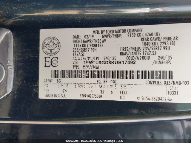 Продаж на аукціоні авто 2019 Ford Escape Se, vin: 1FMCU9GD8KUB17492, номер лоту: 12663294