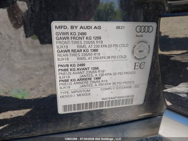 Продаж на аукціоні авто 2021 Audi Q5 45 Progressiv, vin: WA1EAAFY0M2126126, номер лоту: 12663298