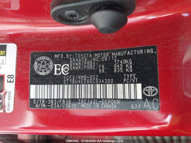 Aukcja sprzedaży 2013 Toyota Corolla S/le, vin: 2T1BU4EE6DC934300, numer aukcji: 12663302