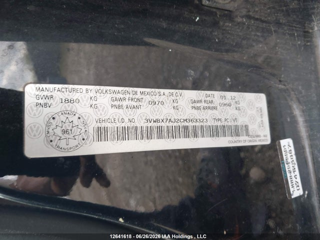 Aukcja sprzedaży 2012 Volkswagen Jetta Se, vin: 3VWBX7AJ2CM363323, numer aukcji: 12641618