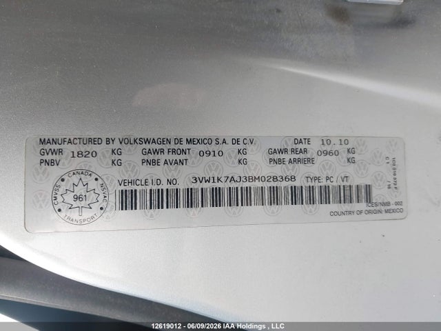 Aukcja sprzedaży 2011 Volkswagen Jetta S, vin: 3VW1K7AJ3BM028368, numer aukcji: 12619012