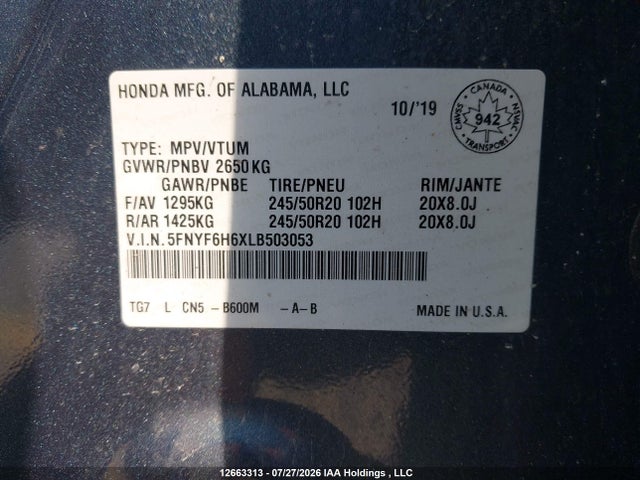 Продаж на аукціоні авто 2020 Honda Pilot Touring 7p, vin: 5FNYF6H6XLB503053, номер лоту: 12663313