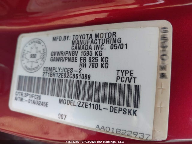 Продаж на аукціоні авто 2002 Toyota Corolla Ce/le/s, vin: 2T1BR12E82C861089, номер лоту: 12663316