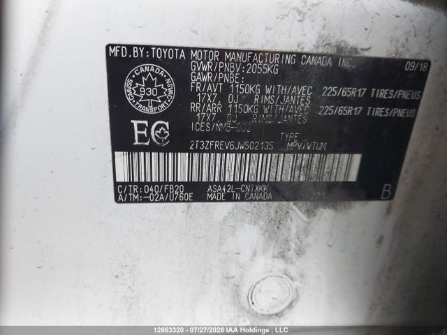 2018 Toyota Rav4 Le მანქანა იყიდება აუქციონზე, vin: 2T3ZFREV6JW502135, აუქციონის ნომერი: 12663320