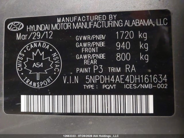 Продаж на аукціоні авто 2013 Hyundai Elantra Gls/limited, vin: 5NPDH4AE4DH161634, номер лоту: 12663333