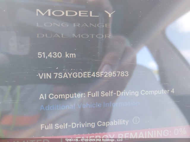 Auction sale of the 2025 Tesla Model Y Long Range, vin: 7SAYGDEE4SF295783, lot number: 12663336