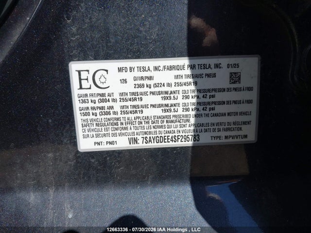 Auction sale of the 2025 Tesla Model Y Long Range, vin: 7SAYGDEE4SF295783, lot number: 12663336