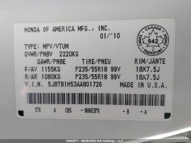 12643071 :رقم المزاد ، 5J8TB1H53AA801726 vin ، 2010 Acura Rdx مزاد بيع