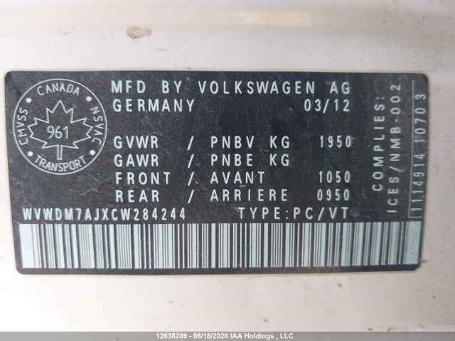 2012 Volkswagen Golf მანქანა იყიდება აუქციონზე, vin: WVWDM7AJXCW284244, აუქციონის ნომერი: 12638289