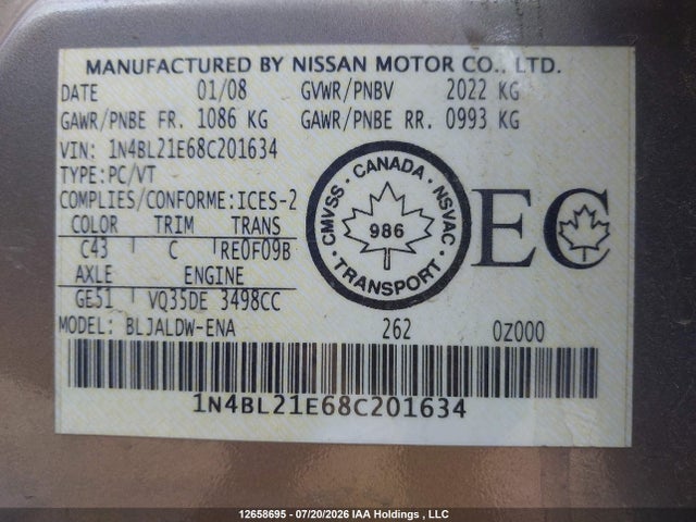 2008 Nissan Altima 3.5 Sl მანქანა იყიდება აუქციონზე, vin: 1N4BL21E68C201634, აუქციონის ნომერი: 12658695
