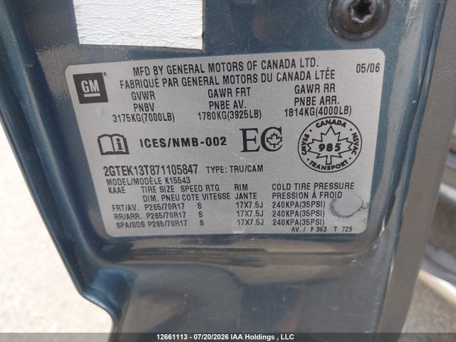 12661113 :رقم المزاد ، 2GTEK13T871105847 vin ، 2007 Gmc Sierra 1500 Sle/slt مزاد بيع