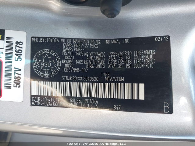 Продажа на аукционе авто 2012 Toyota Sienna Le 7 Passenger, vin: 5TDJK3DCXCS040530, номер лота: 12647215