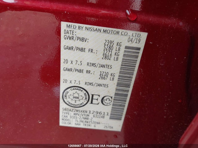 12656667 :رقم المزاد ، 5N1AZ2MSXKN129611 vin ، 2019 Nissan Murano Platinum/sl/sv مزاد بيع