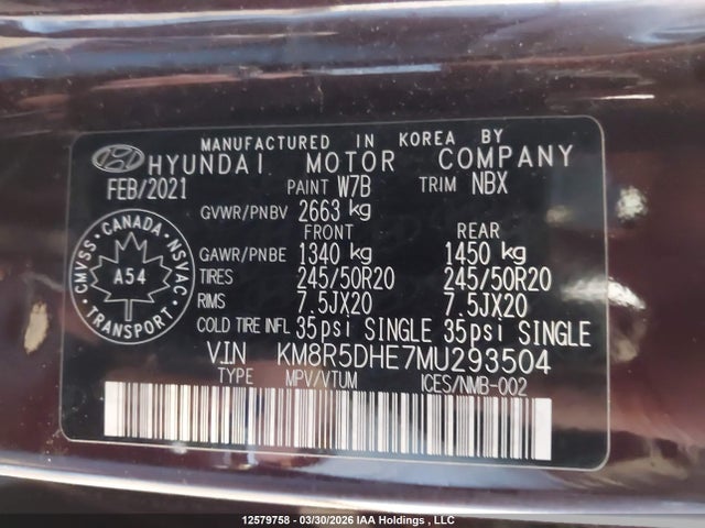 12579758 :رقم المزاد ، KM8R5DHE7MU293504 vin ، 2021 Hyundai Palisade Ultimate Calligraphy مزاد بيع