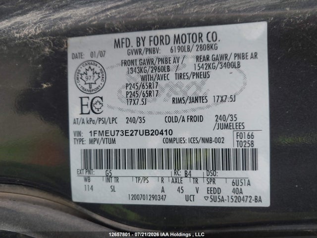 2007 Ford Explorer Xlt მანქანა იყიდება აუქციონზე, vin: 1FMEU73E27UB20410, აუქციონის ნომერი: 12657801