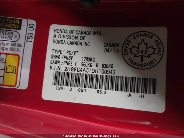 12655592 :رقم المزاد ، 2HGFG4A51DH100943 vin ، 2013 Honda Civic Si Si مزاد بيع