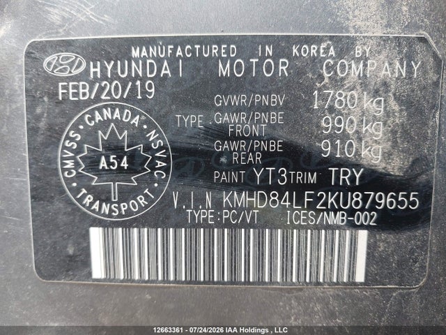 Продаж на аукціоні авто 2019 Hyundai Elantra Sel/value/limited, vin: KMHD84LF2KU879655, номер лоту: 12663361