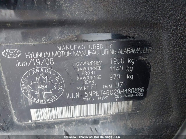 Aukcja sprzedaży 2009 Hyundai Sonata Gls, vin: 5NPET46C29H480886, numer aukcji: 12663367