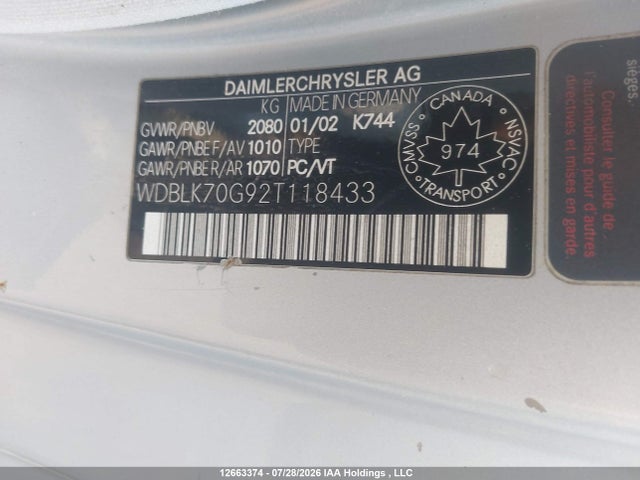 Auction sale of the 2002 Mercedes-benz Clk-class, vin: WDBLK70G92T118433, lot number: 12663374