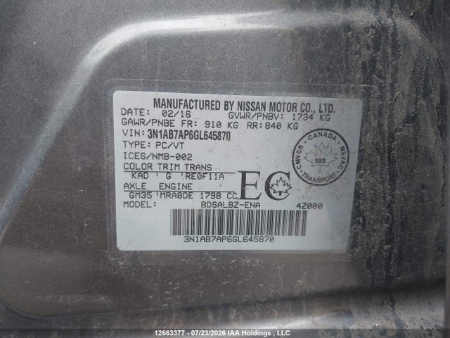 Aukcja sprzedaży 2016 Nissan Sentra S/sv/sr/sl, vin: 3N1AB7AP6GL645870, numer aukcji: 12663377