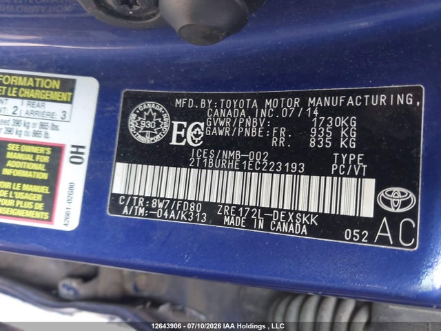2014 Toyota Corolla S მანქანა იყიდება აუქციონზე, vin: 2T1BURHE1EC223193, აუქციონის ნომერი: 12643906