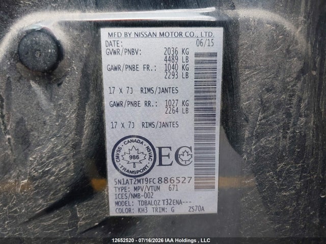 Nissan ROGUE S/SV 2015 5N1AT2MT9FC886527 Image 18