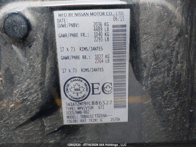 Nissan ROGUE S/SV 2015 5N1AT2MT9FC886527 Image 9