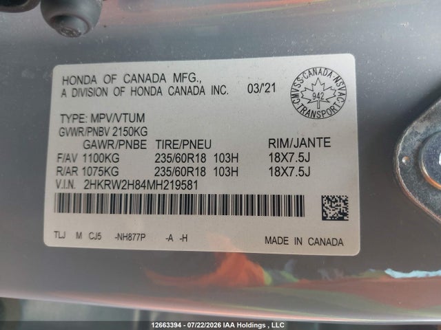 2HKRW2H84MH219581 Honda Cr-v Ex-l