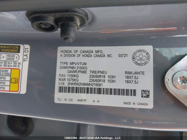 2HKRW2H84MH219581 Honda Cr-v Ex-l