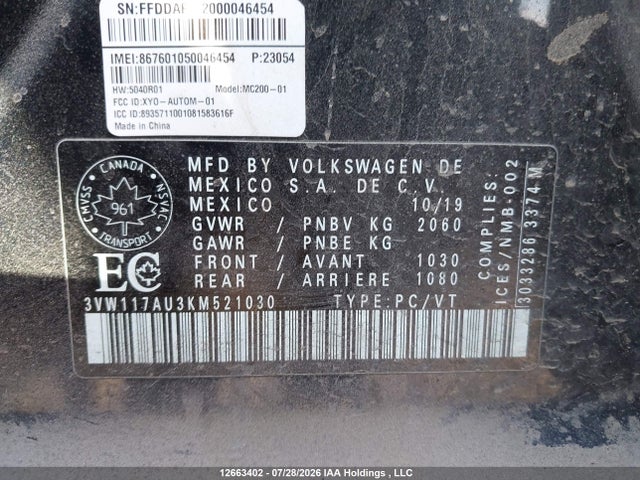 3VW117AU3KM521030 Volkswagen Golf Sportwagen S