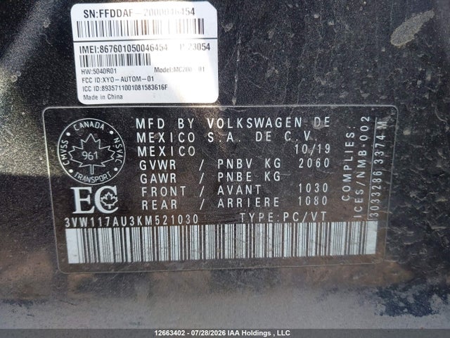3VW117AU3KM521030 Volkswagen Golf Sportwagen S