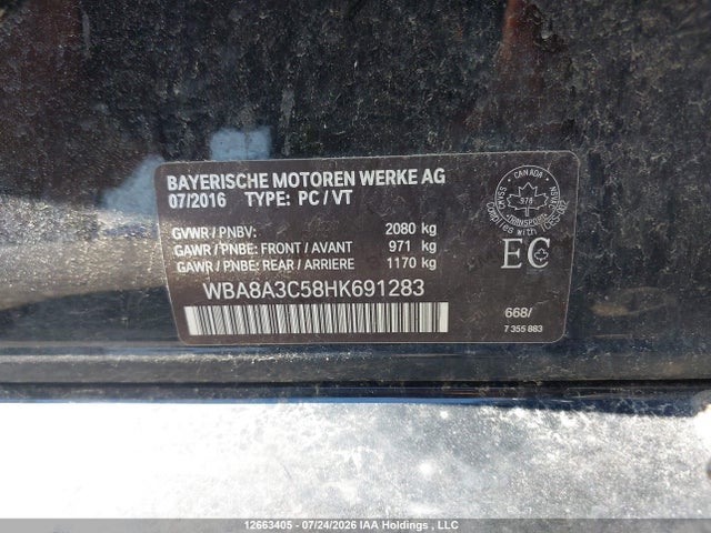 12663405 :رقم المزاد ، WBA8A3C58HK691283 vin ، 2017 Bmw 320 Xi مزاد بيع