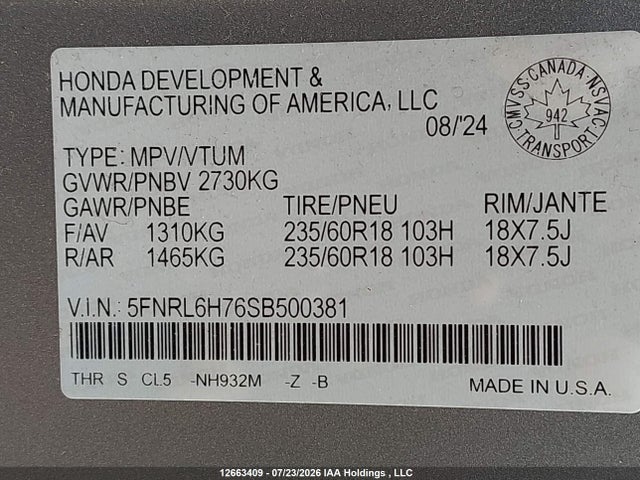 Aukcja sprzedaży 2025 Honda Odyssey Sport-l, vin: 5FNRL6H76SB500381, numer aukcji: 12663409