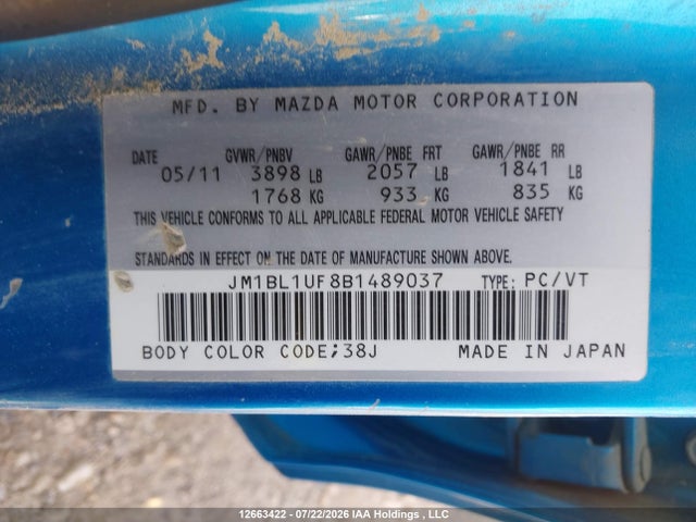 Aukcja sprzedaży 2011 Mazda Mazda3 Gx, vin: JM1BL1UF8B1489037, numer aukcji: 12663422