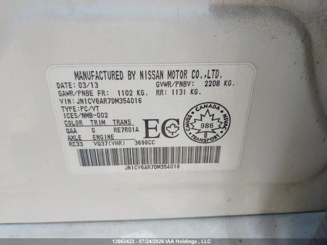 12663423 :رقم المزاد ، JN1CV6AR7DM354016 vin ، 2013 Infiniti G37 مزاد بيع