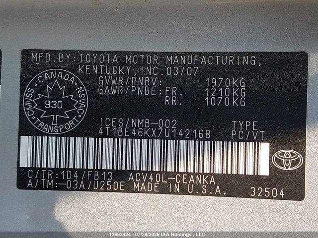 Продаж на аукціоні авто 2007 Toyota Camry Ce/le/xle/se, vin: 4T1BE46KX7U142168, номер лоту: 12663424