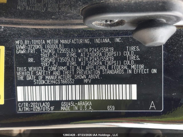 Продаж на аукціоні авто 2012 Toyota Highlander V6 Limited, vin: 5TDDK3EH4CS166552, номер лоту: 12663428