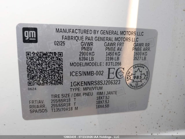 12663435 :رقم المزاد ، 1GKENNRS8SJ206323 vin ، 2025 Gmc Acadia Elevation مزاد بيع