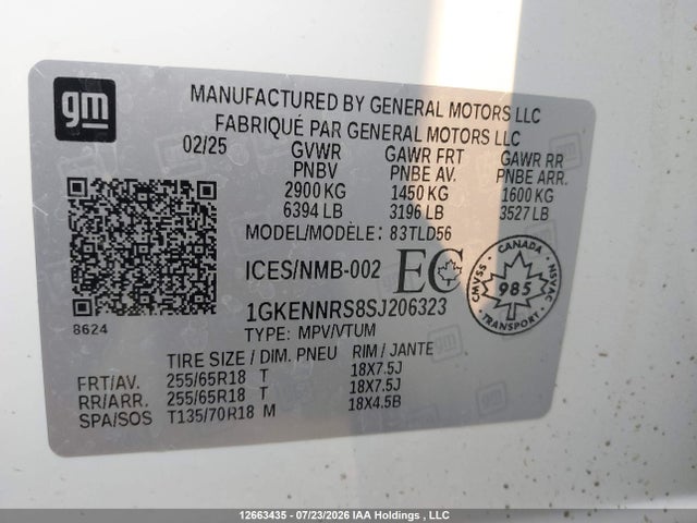 12663435 :رقم المزاد ، 1GKENNRS8SJ206323 vin ، 2025 Gmc Acadia Elevation مزاد بيع