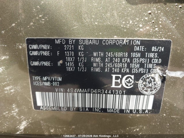 12663437 :رقم المزاد ، 4S4WMAFD6R3441301 vin ، 2024 Subaru Ascent Touring مزاد بيع